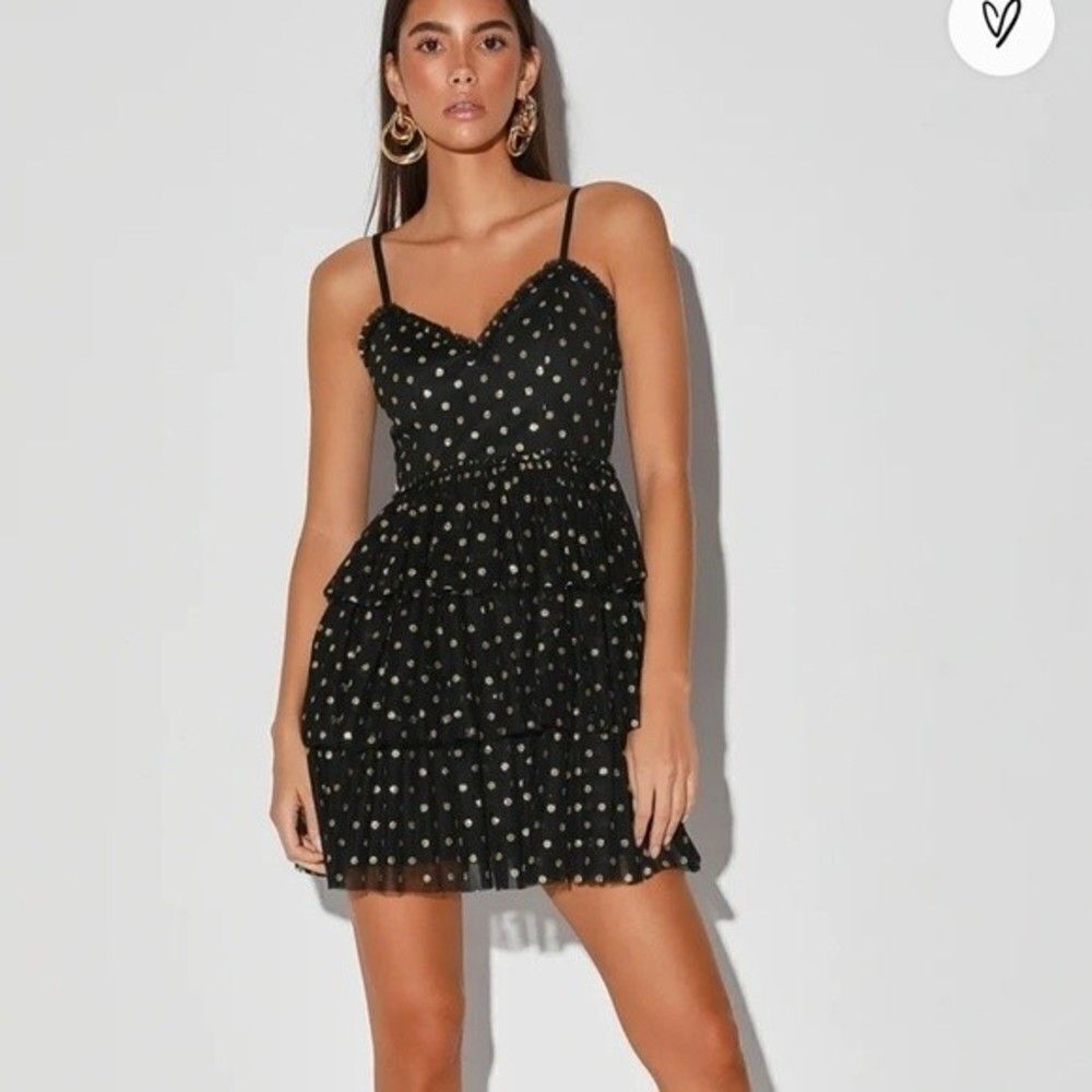 Lulus twinkle of my eye black gold polka dot tiered tulle cocktail dress Medium - Picture 1 of 11